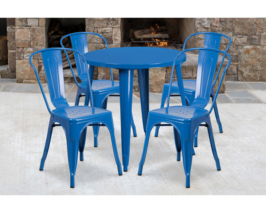 BLNK Dalton Commercial Round Metal Indoor-Outdoor Table Set with 4 Cafe Chairs - Blue