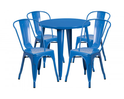 BLNK Dalton Commercial Round Metal Indoor-Outdoor Table Set with 4 Cafe Chairs - Blue