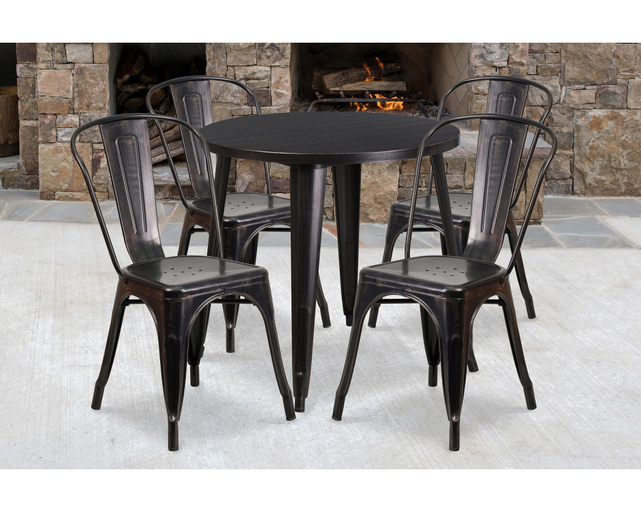 BLNK Dalton Commercial Round Metal Indoor-Outdoor Table Set with 4 Cafe Chairs - Black/Antique