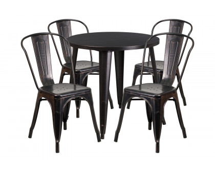 BLNK Dalton Commercial Round Metal Indoor-Outdoor Table Set with 4 Cafe Chairs - Black/Antique