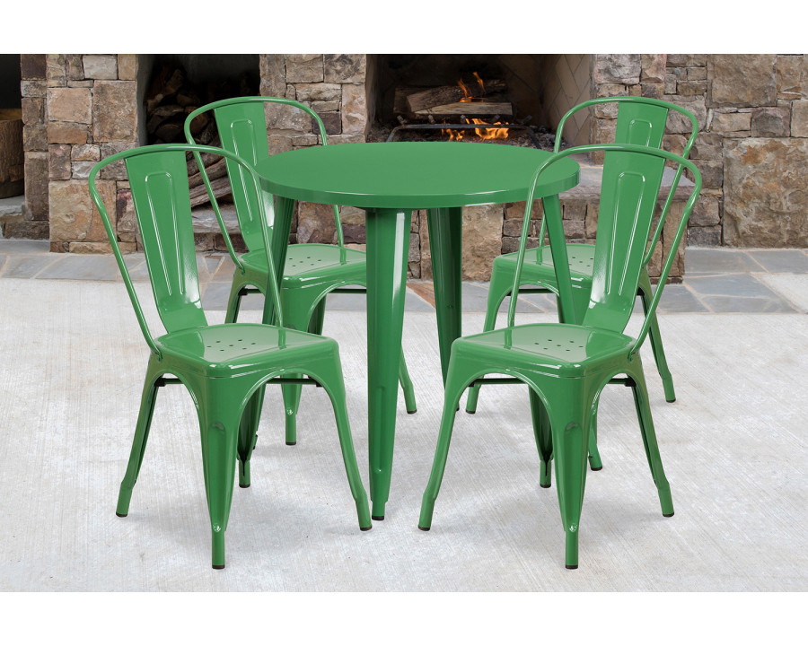 BLNK Dalton Commercial Round Metal Indoor-Outdoor Table Set with 4 Cafe Chairs - Green