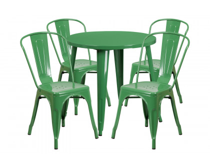 BLNK Dalton Commercial Round Metal Indoor-Outdoor Table Set with 4 Cafe Chairs - Green