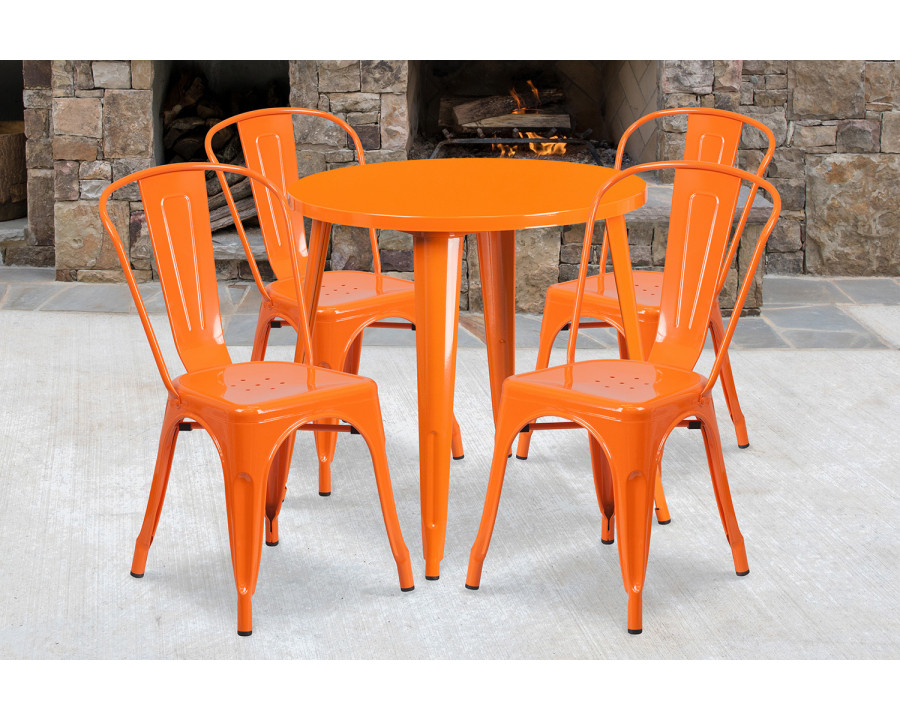 BLNK Dalton Commercial Round Metal Indoor-Outdoor Table Set with 4 Cafe Chairs - Orange