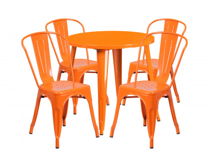 BLNK Dalton Commercial Round Metal Indoor-Outdoor Table Set with 4 Cafe Chairs - Orange