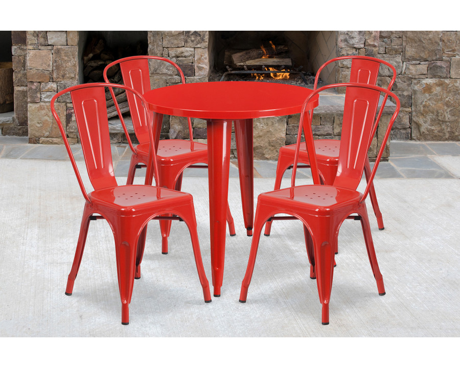 BLNK Dalton Commercial Round Metal Indoor-Outdoor Table Set with 4 Cafe Chairs - Red