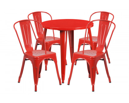 BLNK Dalton Commercial Round Metal Indoor-Outdoor Table Set with 4 Cafe Chairs - Red