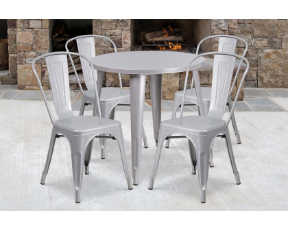 BLNK Dalton Commercial Round Metal Indoor-Outdoor Table Set with 4 Cafe Chairs