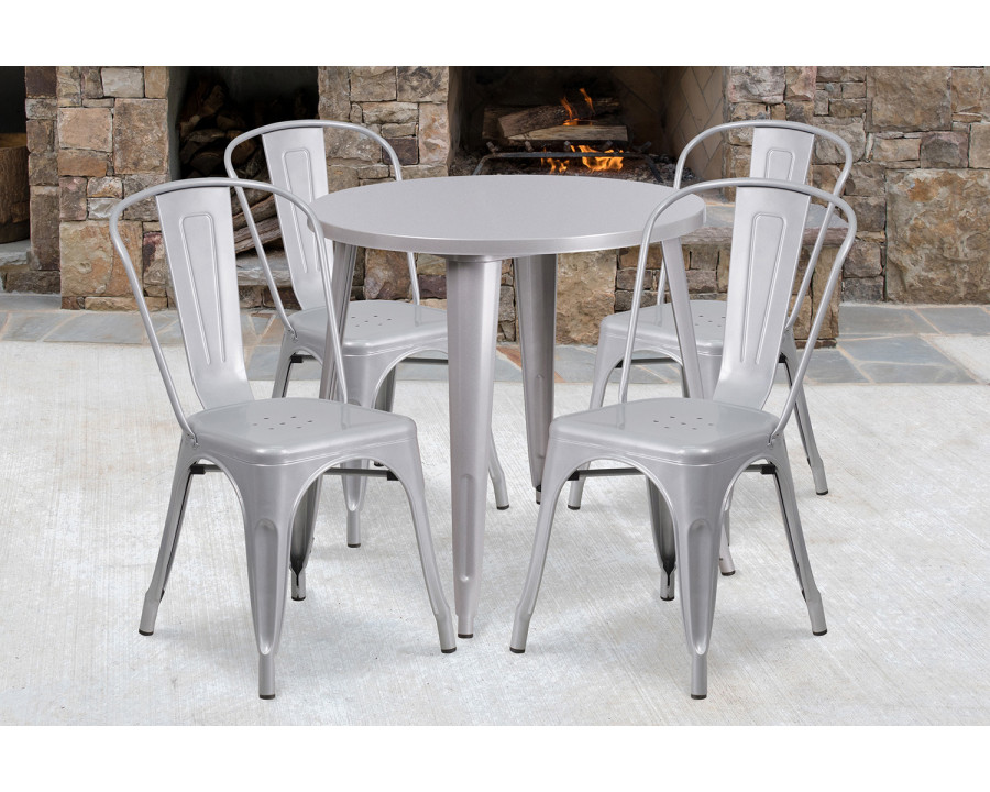 BLNK Dalton Commercial Round Metal Indoor-Outdoor Table Set with 4 Cafe Chairs - Silver