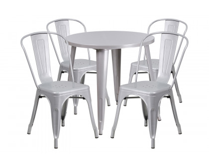 BLNK Dalton Commercial Round Metal Indoor-Outdoor Table Set with 4 Cafe Chairs - Silver