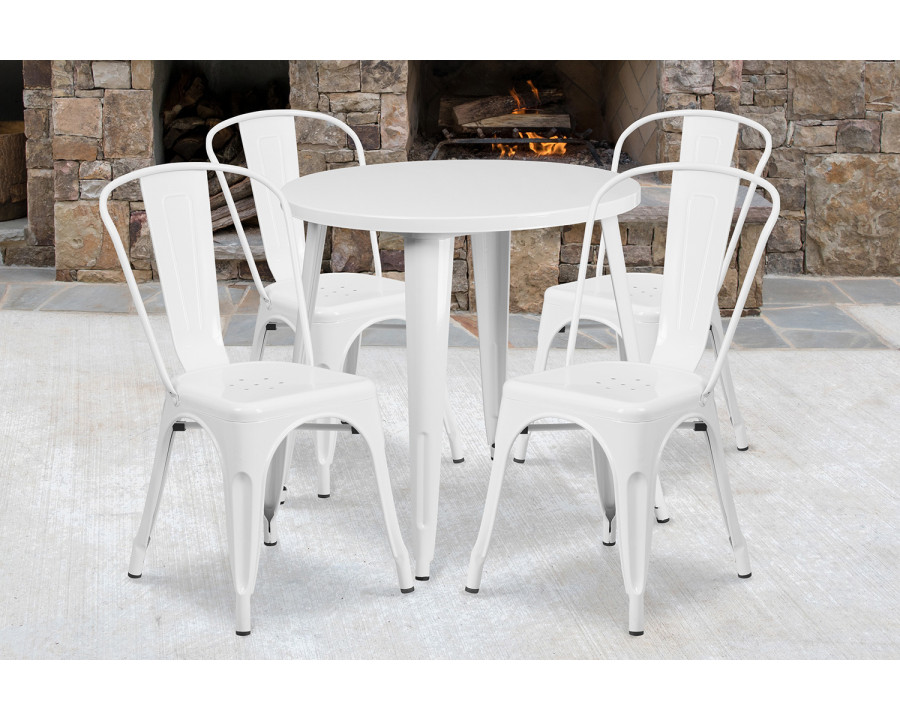 BLNK Dalton Commercial Round Metal Indoor-Outdoor Table Set with 4 Cafe Chairs - White