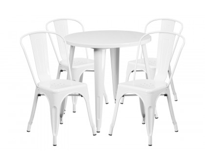 BLNK Dalton Commercial Round Metal Indoor-Outdoor Table Set with 4 Cafe Chairs - White