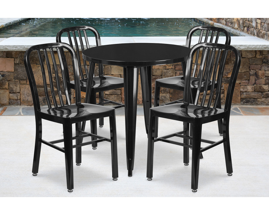 BLNK Chad Commercial Round Metal Indoor-Outdoor Table Set with 4 Vertical Slat Back Chairs - Black