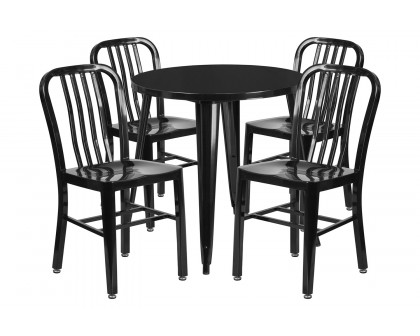 BLNK Chad Commercial Round Metal Indoor-Outdoor Table Set with 4 Vertical Slat Back Chairs - Black