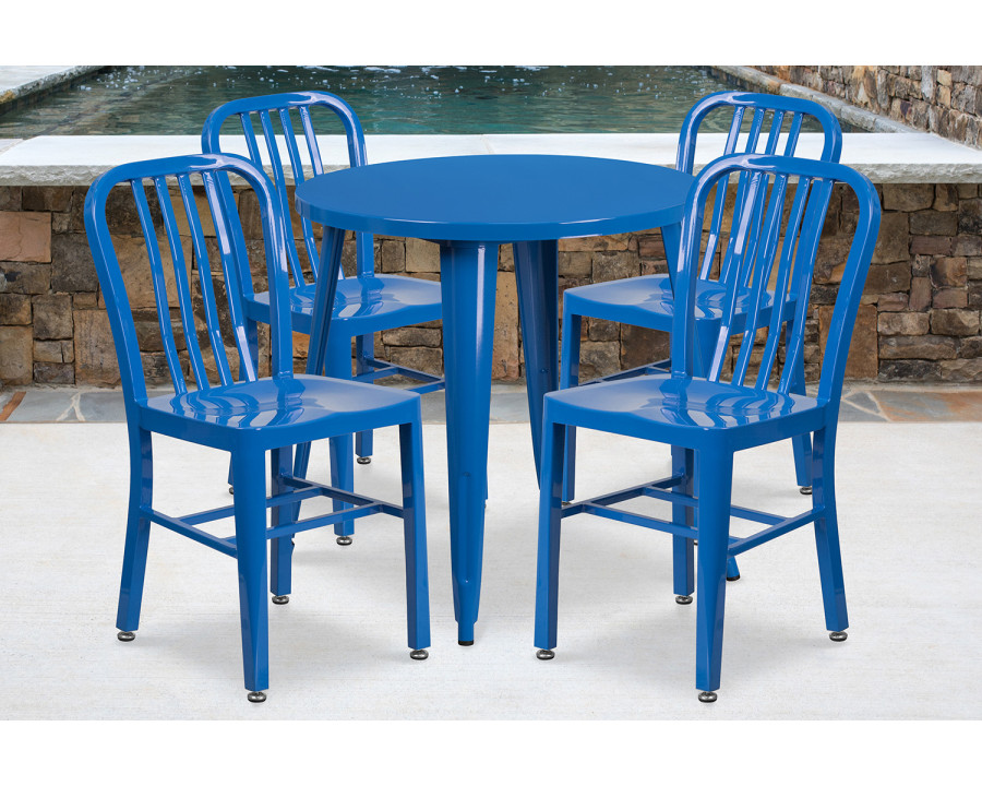 BLNK Chad Commercial Round Metal Indoor-Outdoor Table Set with 4 Vertical Slat Back Chairs - Blue