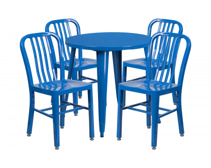 BLNK Chad Commercial Round Metal Indoor-Outdoor Table Set with 4 Vertical Slat Back Chairs - Blue