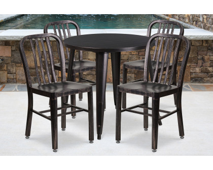 BLNK Chad Commercial Round Metal Indoor-Outdoor Table Set with 4 Vertical Slat Back Chairs