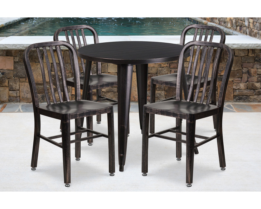 BLNK Chad Commercial Round Metal Indoor-Outdoor Table Set with 4 Vertical Slat Back Chairs - Black/Antique Gold