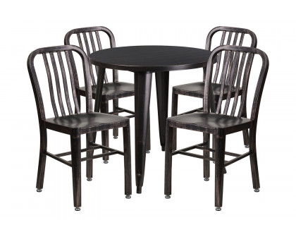 BLNK Chad Commercial Round Metal Indoor-Outdoor Table Set with 4 Vertical Slat Back Chairs - Black/Antique Gold