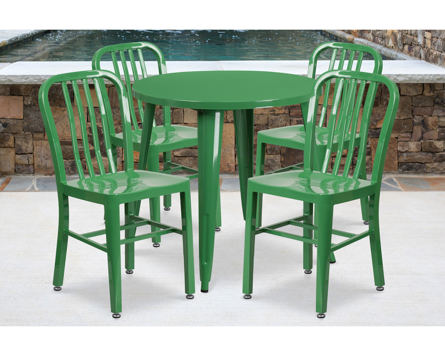 BLNK Chad Commercial Round Metal Indoor-Outdoor Table Set with 4 Vertical Slat Back Chairs - Green