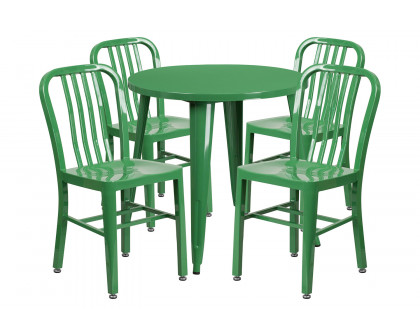 BLNK Chad Commercial Round Metal Indoor-Outdoor Table Set with 4 Vertical Slat Back Chairs - Green