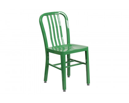 BLNK Chad Commercial Round Metal Indoor-Outdoor Table Set with 4 Vertical Slat Back Chairs - Green