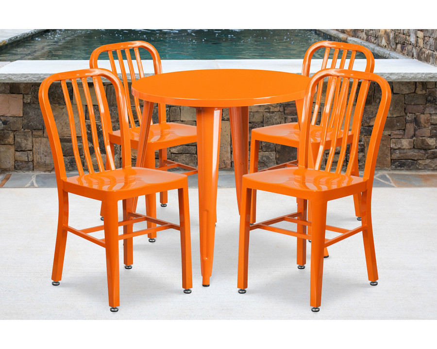 BLNK Chad Commercial Round Metal Indoor-Outdoor Table Set with 4 Vertical Slat Back Chairs