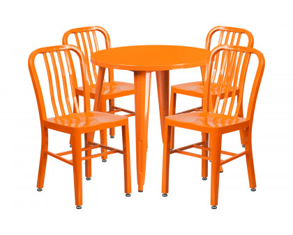 BLNK Chad Commercial Round Metal Indoor-Outdoor Table Set with 4 Vertical Slat Back Chairs