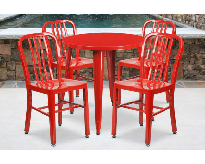 BLNK Chad Commercial Round Metal Indoor-Outdoor Table Set with 4 Vertical Slat Back Chairs