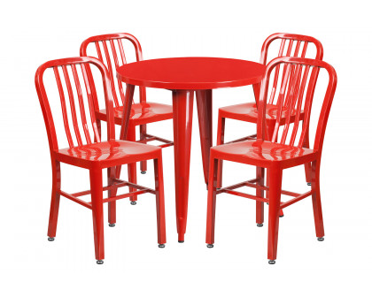 BLNK Chad Commercial Round Metal Indoor-Outdoor Table Set with 4 Vertical Slat Back Chairs - Red