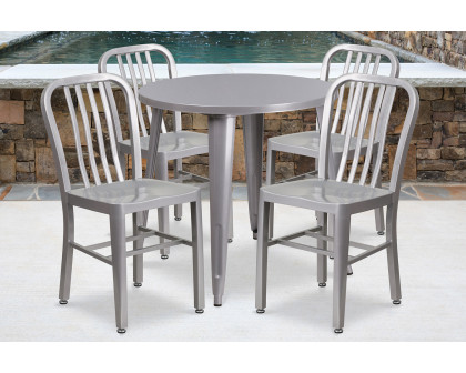 BLNK Chad Commercial Round Metal Indoor-Outdoor Table Set with 4 Vertical Slat Back Chairs