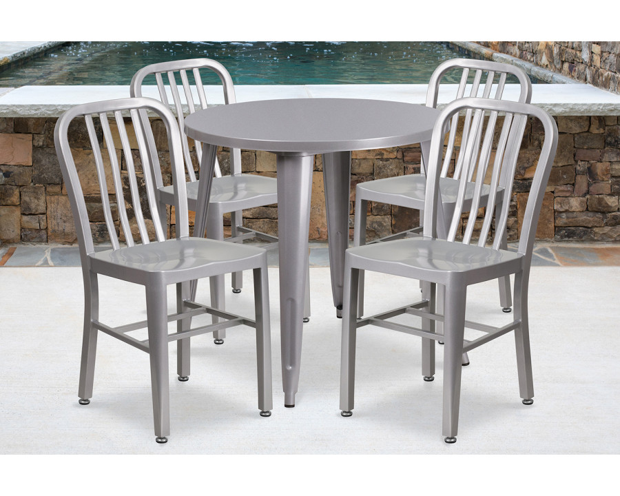 BLNK Chad Commercial Round Metal Indoor-Outdoor Table Set with 4 Vertical Slat Back Chairs - Silver