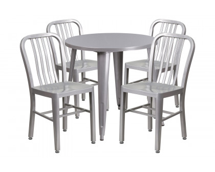 BLNK Chad Commercial Round Metal Indoor-Outdoor Table Set with 4 Vertical Slat Back Chairs - Silver