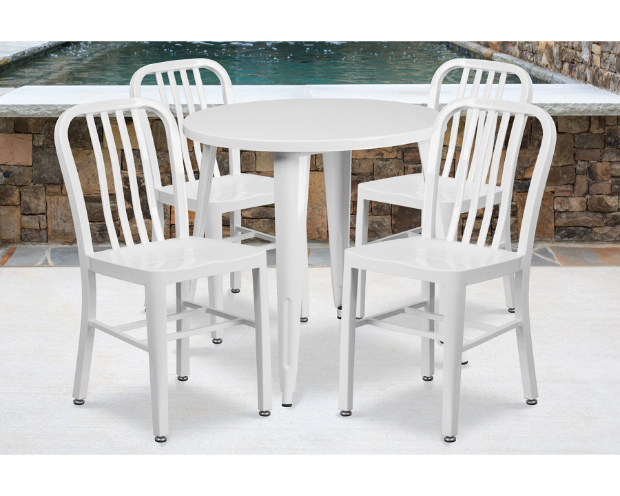 BLNK Chad Commercial Round Metal Indoor-Outdoor Table Set with 4 Vertical Slat Back Chairs - White