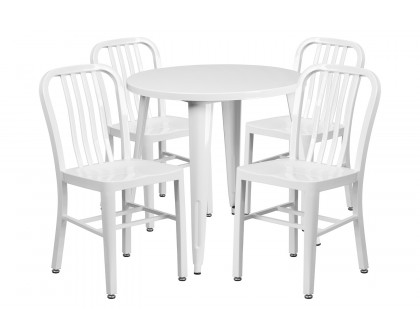 BLNK Chad Commercial Round Metal Indoor-Outdoor Table Set with 4 Vertical Slat Back Chairs - White