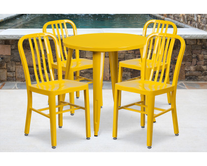 BLNK Chad Commercial Round Metal Indoor-Outdoor Table Set with 4 Vertical Slat Back Chairs