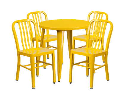 BLNK Chad Commercial Round Metal Indoor-Outdoor Table Set with 4 Vertical Slat Back Chairs - Yellow