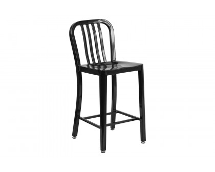 BLNK Gael Commercial Metal Indoor-Outdoor Counter Height Stool with Vertical Slat Back - Black