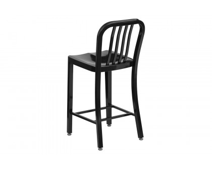 BLNK Gael Commercial Metal Indoor-Outdoor Counter Height Stool with Vertical Slat Back - Black