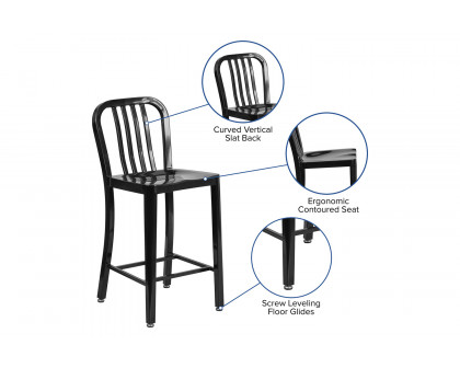 BLNK Gael Commercial Metal Indoor-Outdoor Counter Height Stool with Vertical Slat Back - Black