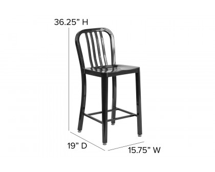 BLNK Gael Commercial Metal Indoor-Outdoor Counter Height Stool with Vertical Slat Back - Black