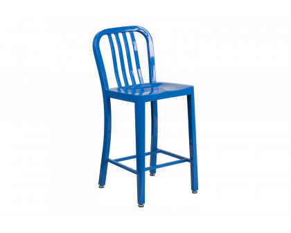 BLNK Gael Commercial Metal Indoor-Outdoor Counter Height Stool with Vertical Slat Back - Blue