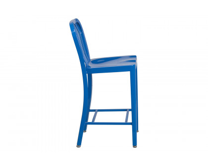 BLNK Gael Commercial Metal Indoor-Outdoor Counter Height Stool with Vertical Slat Back - Blue