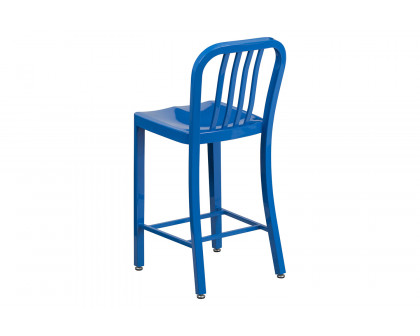 BLNK Gael Commercial Metal Indoor-Outdoor Counter Height Stool with Vertical Slat Back - Blue