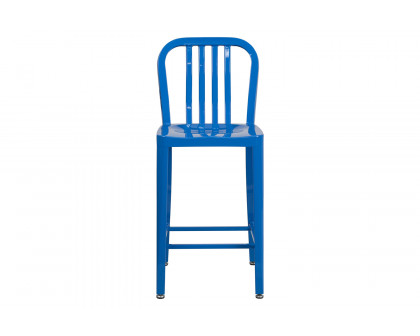 BLNK Gael Commercial Metal Indoor-Outdoor Counter Height Stool with Vertical Slat Back - Blue