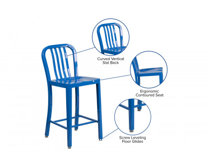 BLNK Gael Commercial Metal Indoor-Outdoor Counter Height Stool with Vertical Slat Back - Blue