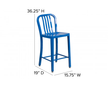 BLNK Gael Commercial Metal Indoor-Outdoor Counter Height Stool with Vertical Slat Back - Blue