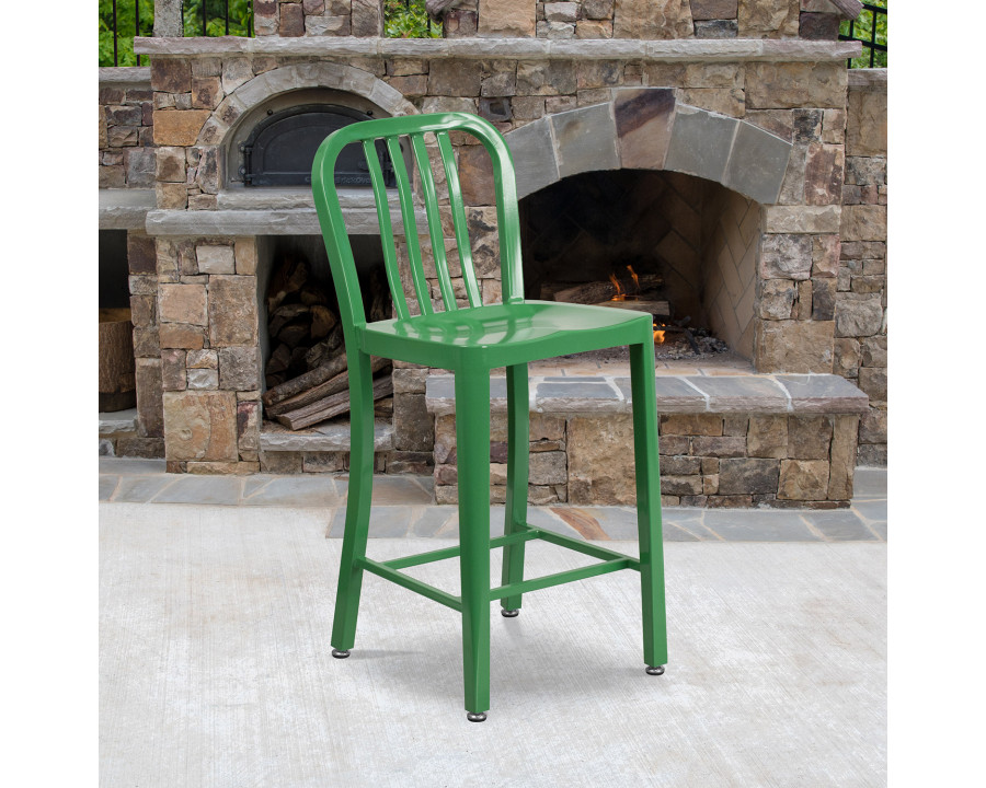 BLNK Gael Commercial Metal Indoor-Outdoor Counter Height Stool with Vertical Slat Back - Green