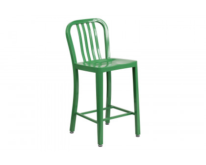 BLNK Gael Commercial Metal Indoor-Outdoor Counter Height Stool with Vertical Slat Back - Green