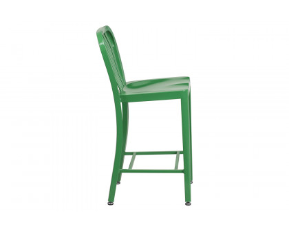 BLNK Gael Commercial Metal Indoor-Outdoor Counter Height Stool with Vertical Slat Back - Green