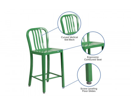 BLNK Gael Commercial Metal Indoor-Outdoor Counter Height Stool with Vertical Slat Back - Green